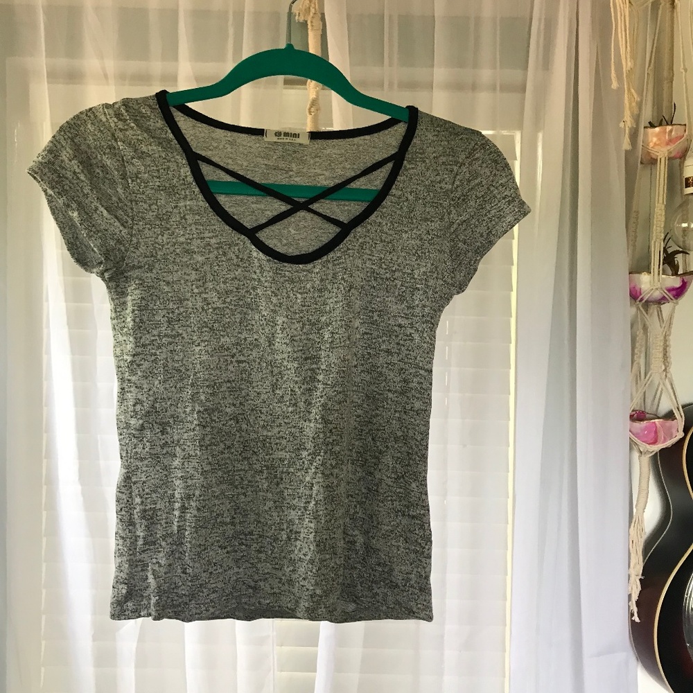 Heather grey knit crop top with peakaboo
